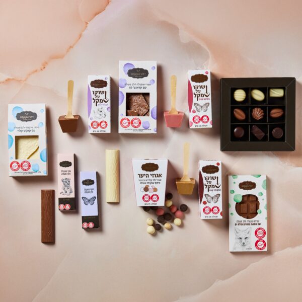 מגוון מוצרי שוקולד, כולל גועים מארז שוקולד קטן וטוב, מוצגים באומנות על משטח שיש ורוד בהיר. הסידור כולל חטיפי שוקולד, סוכריות על מקל וקופסת שוקולדים מגוונת עם איורי חיות מקסימים, בעוד חתיכות קטנות מפוזרות מסביב.