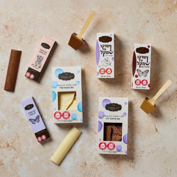 תצוגה של מתוק זוגי כוללת חטיפי שוקולד באריזות שונות על משטח בעל מרקם. חלקם לא עטופים חלקית, מראים ריבועי שוקולד; אחרים נשארים בקופסאות. מקלות שוקולד עם ידיות עץ משלימים את הסצנה המענגת.