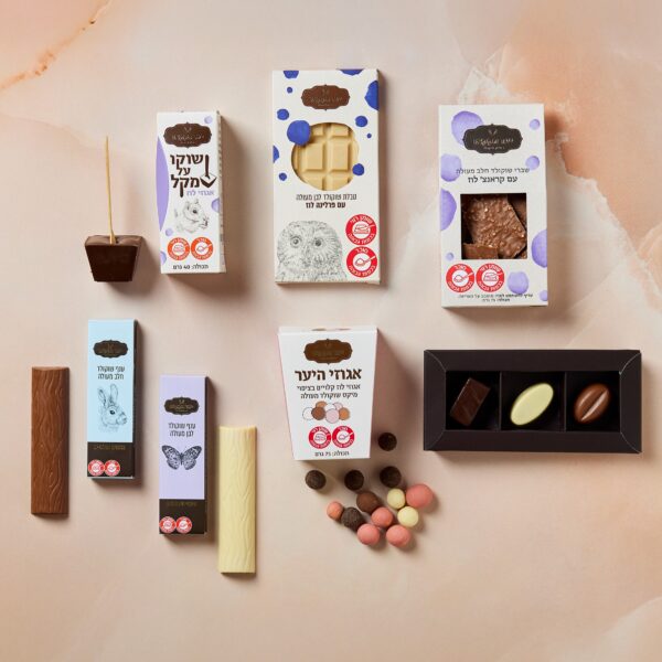 המוצר משהו קטן וטוב מוצג על משטח שיש, ובו מגוון שוקולדים הכוללים חטיפי שוקולד שונים, לולי שוקולד ומבחר פינוקים מצופים בשוקולד עם טקסט בעברית מארז שוקולד שפע.