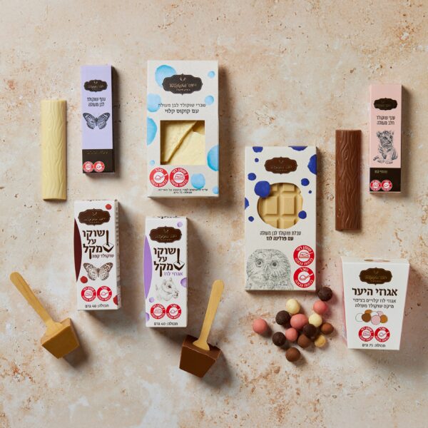 מרז שוקולד שפע הכולל את קולקציית תודה על הכל מסודר על משטח אבן בהיר, מציג עיצובים כמו פרפרים, נקודות וטקסט בעברית. חתיכות שוקולד מפוזרות וסוכריות עגולות צבעוניות משפרות את התצוגה המושכת.