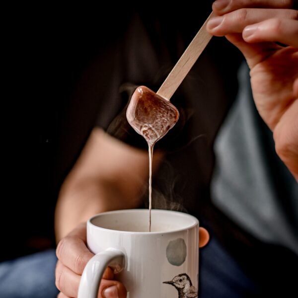 אדם טובל שוקו לוז בספל עם איור של ציפור, ומאפשר לטעמי שוקולד ואגוזי לוז עשירים להימס בצורה נהדרת לתוך המשקה החם.