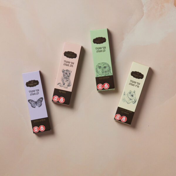 ארבע קופסאות מלבניות הכוללות פרפר, חתול, ינשוף וארנב מונחות על רקע חלק. לכל תיבה יש טקסט בעברית עם ענפים או חותמות בתחתית. בחרו בסט 4 ענפים שלכם תמורת ₪ בלבד.