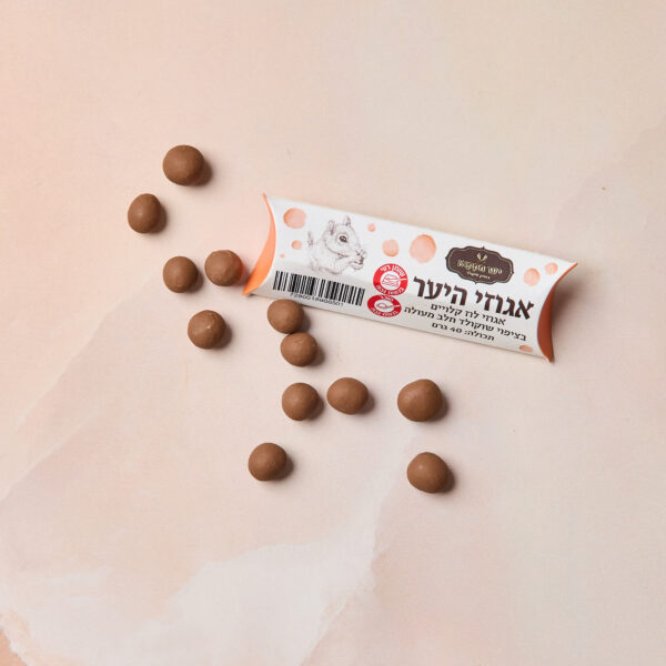 חבילה מלבנית עם הכיתוב IMG_2096 בטקסט עברי ואיור של חתול מונחת בין ממתקים עגולים מצופים אגוזי לוז הפזורים על משטח ורוד בהיר.