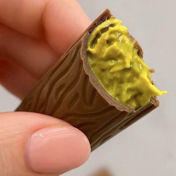 יד אוחזת בדובאי 4 — מקל שוקולד עם דוגמת עץ על מעטפת השוקולד חלב, ממולא בפרלינה פיסטוק קרמית בצבע ירוק בהיר.